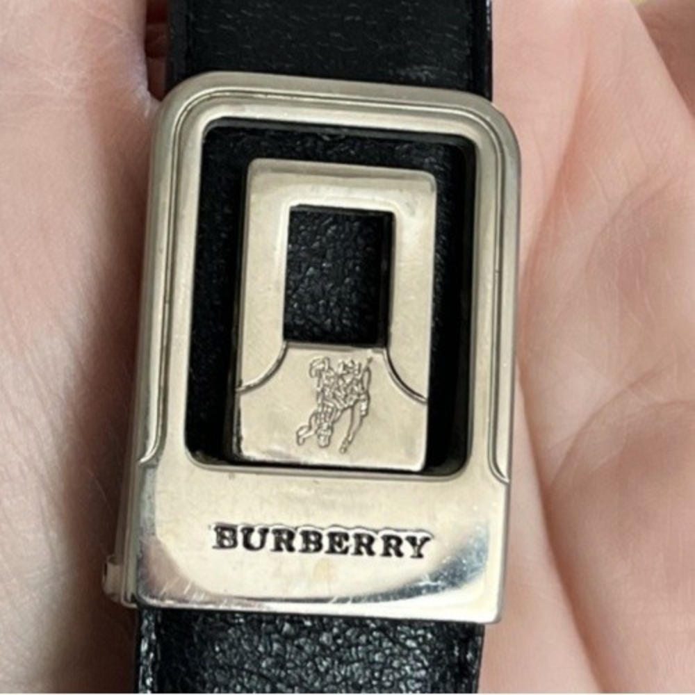 Vintage 90s Burberry Belt Black Leather‎ Silver Buckle Size 42 Logo